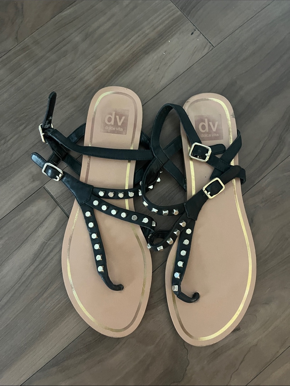 DV by Dolce Vita Black T-Strap Studded Sandals with Gold Buckles